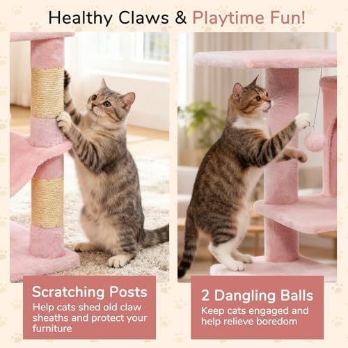 DORTALA Cat Tree for Indoor Cats, 44" Modern Cat Tower with Top Perch, Condo, Hammock, Sisal Scratching Posts, Dangling Balls, Platforms, Multi-Level Pet Climbing Furniture Playground (Pink) - Image 5