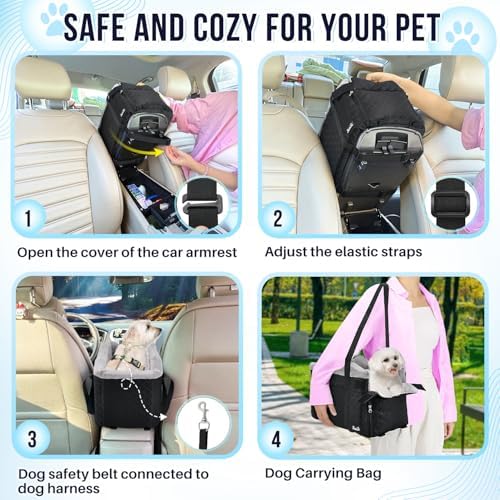 SlowTon Console Dog Car Seat - Portable Center Dog Car Seat for Small Dogs up to 9 lbs, Washable Pet Carseat with Soft Cushion Safe Protection Hooks & Storage Pocket, Black - Image 3
