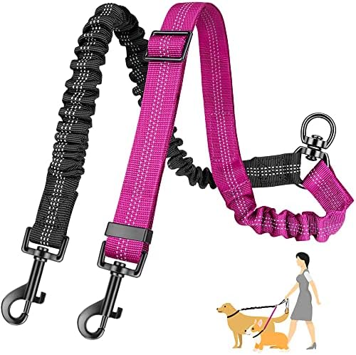 AUTOWT Two Dog Lead, 2 in 1 Upgraded Double Dog Leash Attachment Combine Adjustable Strap and Shock Absorbing Bungee No Tangle Dual Training Splitter for Different Size Dogs by AUTOWT