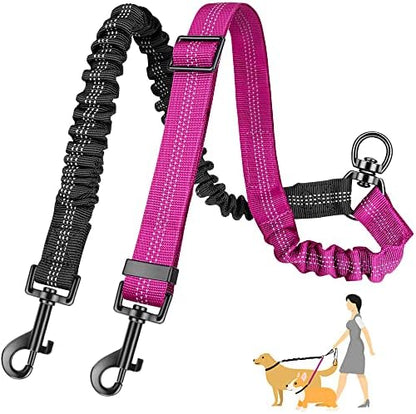 AUTOWT Two Dog Lead, 2 in 1 Upgraded Double Dog Leash Attachment Combine Adjustable Strap and Shock Absorbing Bungee No Tangle Dual Training Splitter for Different Size Dogs by AUTOWT