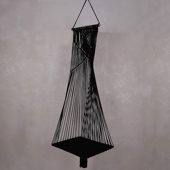 Macrame Hanging Cat Hammock Bed Cat Swing House Space Saving Window Perch with Washed Cotton Cats Toy Tassel Basket Tapestry (Black, Swing Bed+Cushion, L)
