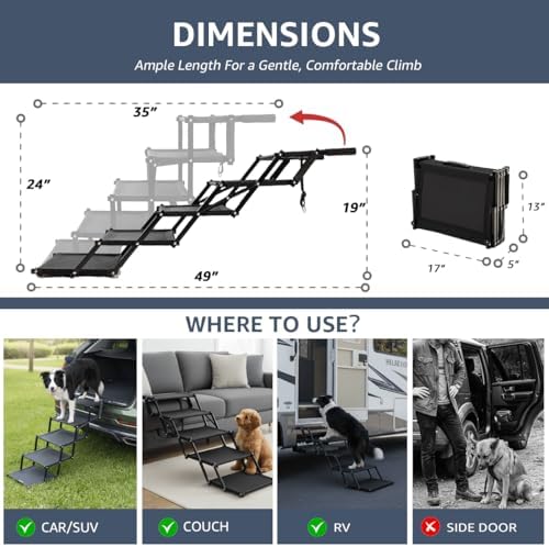 Oiilores Foldable Dog Stairs for Large Dogs - Extra Wide Pet Ramp for Cars, SUV, Non-Slip Surface, Supports Up to 250 Lbs, 5 Steps - Image 2