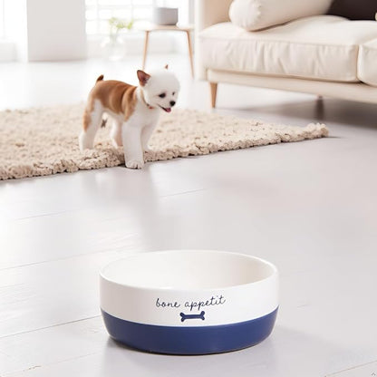 Pearhead Ceramic Dog Bowl – White & Navy “Bone Appétit” Design, Stoneware Pet Dish, Non-Skid Feeding Bowl, Small/Medium 2.25 Cups/ 18 oz