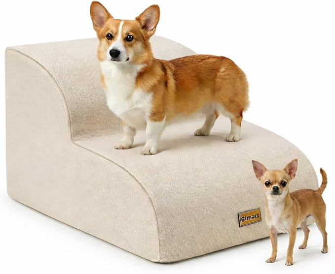 Gimars Extra Wide Sturdy 30D High Density Foam 2-Step Dog Stairs for Sofa, Pet Stair for Small Medium Dog Beige