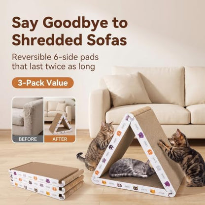 CATISM Cat Scratcher Cat Scratching Board - Foldable - Triangle, 6 Usable Sides Scratchers for Indoor Cats, Durable Recyclable Cats Cardboard Vertical(Pack of 3) - Image 2