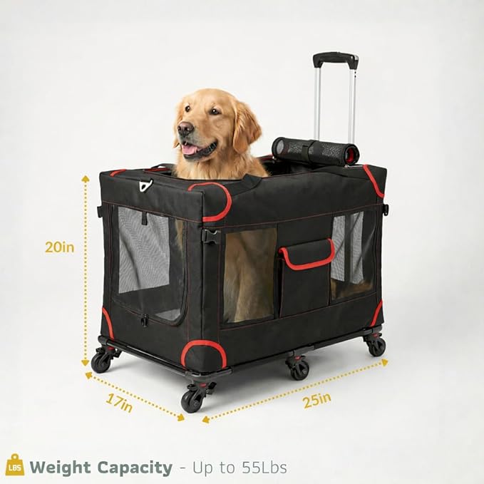 MegaCruze Rolling Pet Carrier for Medium & Large Dogs 25”x17”x20”. Lockable Wheels Zipper Locks Telescopic Handle Breathable Mesh, Removable Wheel Base, Stress-Free Travel Outdoor and Indoor