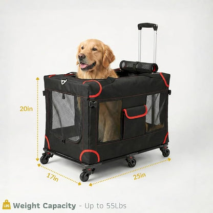 MegaCruze Rolling Pet Carrier for Medium & Large Dogs 25”x17”x20”. Lockable Wheels Zipper Locks Telescopic Handle Breathable Mesh, Removable Wheel Base, Stress-Free Travel Outdoor and Indoor