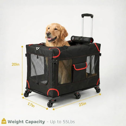 MegaCruze Rolling Pet Carrier for Medium & Large Dogs 25”x17”x20”. Lockable Wheels Zipper Locks Telescopic Handle Breathable Mesh, Removable Wheel Base, Stress-Free Travel Outdoor and Indoor