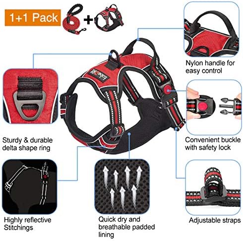 tobeDRI No Pull Dog Harness Adjustable Reflective Oxford Easy Control Medium Large Dog Harness with A Free Heavy Duty 5ft Dog Leash, Red, L - Image 3