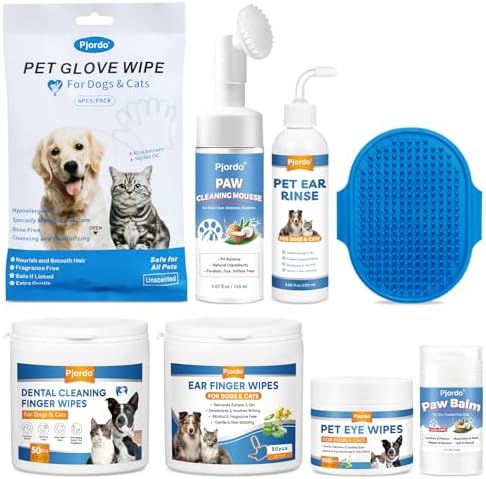 Pjordo Pet Essential Supplies for Dog & Cat, Cleaning Kit for Whole Body, Pet Wipes Cleaning Deodorizing, Grooming Wipes & Paw Cleaner, Finger Wipes for Teeth, Ear & Eyes, Suitable for Daily Care by Pjordo