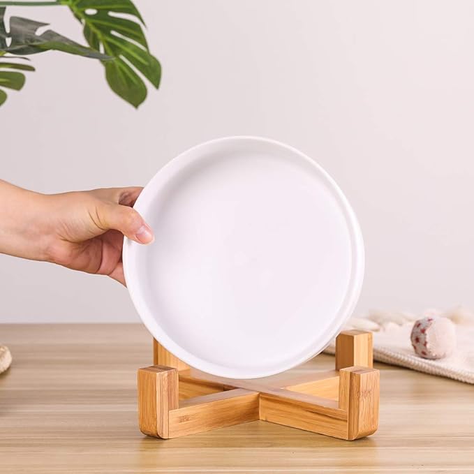 Ceramic Dog Bowl with Bamboo Stand - Large Dog Dish for Food and Water - Heavy Weighted, No Tip Over - 8.4" Diameter - White