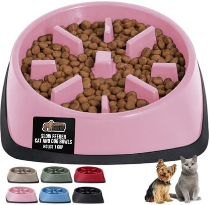 GORILLA GRIP® Patented Slow Feeder Dog and Cat Bowl, BPA Free, 1 Cup Pink by GorillaGrip