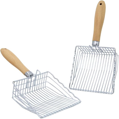 2 Pack Metal Cat Litter Scoops, Heavy-Duty Kitty Scooper with Hook, Stainless Steel Kitten Poop Lifter for Litter Box, Speed Sifter with Comfortable Beech Wood Grip