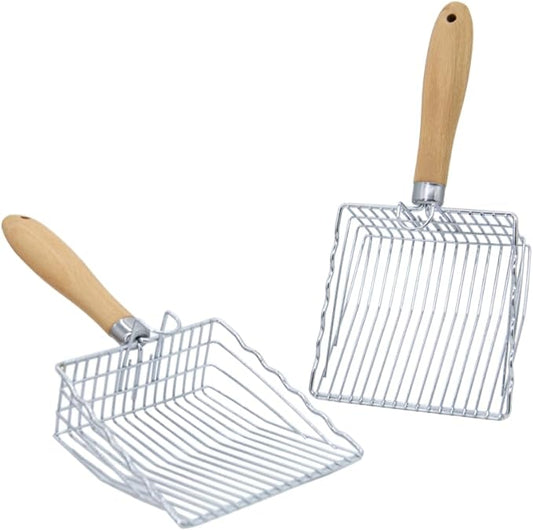 2 Pack Metal Cat Litter Scoops, Heavy-Duty Kitty Scooper with Hook, Stainless Steel Kitten Poop Lifter for Litter Box, Speed Sifter with Comfortable Beech Wood Grip