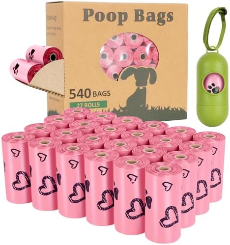 Pink Dog Poop Bags Rolls with Dispenser Leak Proof 540 Count Unscented by Yingdelai