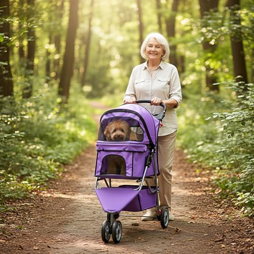 BestOffice Pet Stroller for Small Medium Dogs & Cats, 3-Wheel Foldable Dog Stroller with Cup Holder, Lightweight Travel Carrier, Waterproof Design for Outdoor Walks, Purple - Image 2