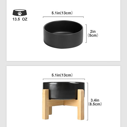SPUNKYJUNKY Ceramic Elevated Dog Bowls 2 Pack - 5.1inch Raised Dog Bowls with Non-Slip Wooden Stand for Small Dogs Dishwasher Safe(Black,13.5OZ*2)