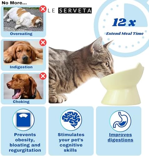Macarons Series Ceramic Slow Feeder Cat Bowl, Raised Puzzle Feeder, Anti Vomiting Cat Slow Feeding, Elevated Food Bowl, Whisker Friendly Pet Bowl with Cute Ear Design (Yellow) - Image 3