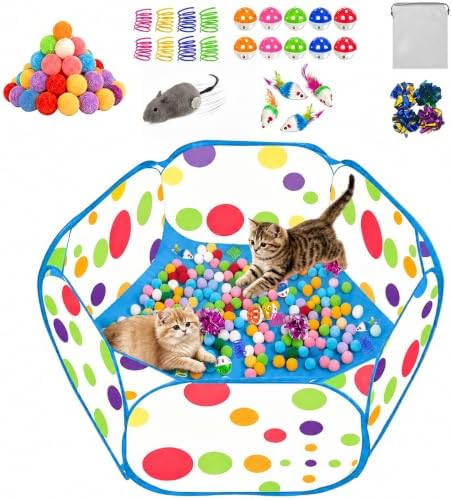 Cat Ball Pit with 227 Pcs Interactive Cat Toys, Enrichment Toys for Bored Indoor Cats Self Play, Include Pom Pom Balls Jingle and Crinkle Balls, Springs and Mice Toy for Kitten Fun and Exercise by Unknown