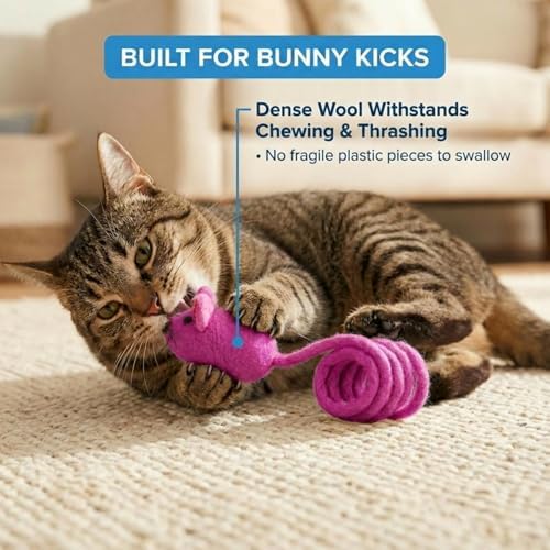 Glaciart One Felt Mouse Cat Toy – Soft Fuzzy Enrichment 100% Natural Wool - Interactive Catnip Play Cat Toy Set - Safe for Pets, Non-AZO Colored Dyes - 42” Long - Image 5