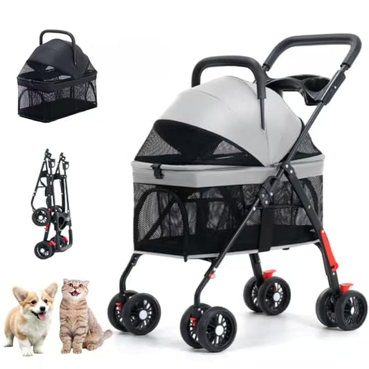 3-in-1 Pet Stroller with Detachable Carrier, Cup Holder & Adjustable Canopy - for Small/Medium Dogs & Cats, Lightweight Travel Stroller (Grey-W02T)