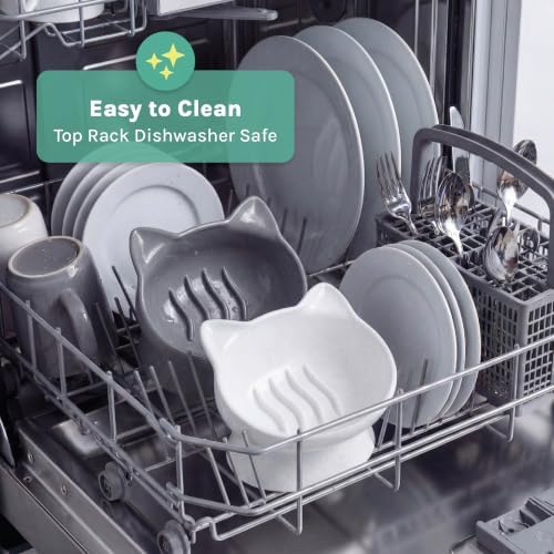 Kitty City Elevated Slow Feeder Cat Bowls (Set of 2), Whisker-Friendly Raised Cat Food Dishes with Ridges, Helps Reduce Fast Eating & Digestion Issues, Dishwasher Safe, 6.5 oz – White & Gray - Image 5