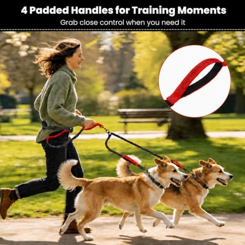 Hands Free Double Dog Leash, 4 Reflective Padded Handles, Adjustable Waist Belt 27-51", Shock-Absorbing Bungee, 360° Swivel Clips, for Small, Medium & Large Dogs, Walking Jogging Running - Image 4