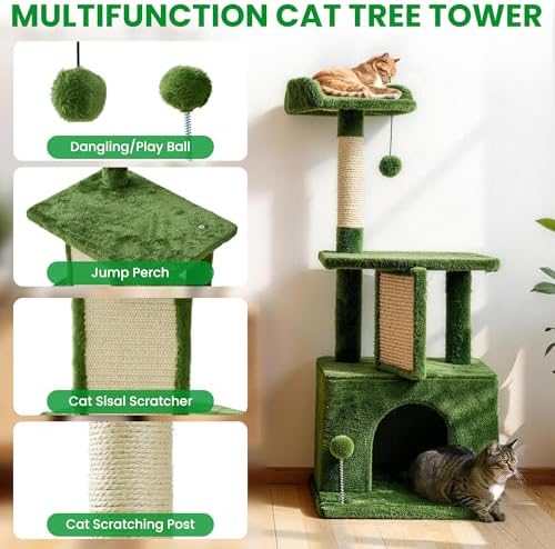 32.8inch Small Cat Tree Tower Condo for Indoor Cats, Soft Plush Multi-Level Climbing Tree Cat House with Cat Cave, Scratching Post, Sisal Rope, Green - Image 4