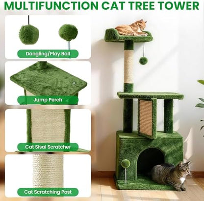32.8inch Small Cat Tree Tower Condo for Indoor Cats, Soft Plush Multi-Level Climbing Tree Cat House with Cat Cave, Scratching Post, Sisal Rope, Green - Image 4