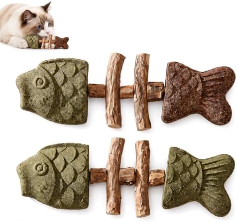 2026 Upgraded 2 Pack Fish Bone Cat Dental Toy, Natural Catnip & Silvervine Dental Chew Sticks, Effective Cat Teeth Cleaning, Long-Lasting Wooden Feline Oral Care Tool by Unknown
