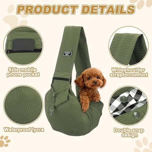 Dog Sling Carrier for Small Dogs and Cats Up to 16.5 Lbs, Soft Pouch Waterproof with Zipper Pocket Pet Cross Body Shoulder Bag, (Army Green, 1 Pcs) Intended for Outdoor/Travel - Image 3