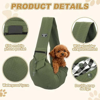 Dog Sling Carrier for Small Dogs and Cats Up to 16.5 Lbs, Soft Pouch Waterproof with Zipper Pocket Pet Cross Body Shoulder Bag, (Army Green, 1 Pcs) Intended for Outdoor/Travel - Image 3