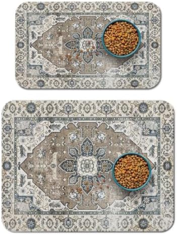 Dog Food Mat for Floors, Absorbent Pet Cat Food Bowl Mat, 2 Pack by QXWREL
