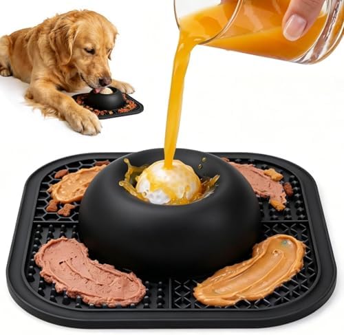 Slow Feeder Dog Bowls & Lick Mat for Liquid and Thick Treat, Anti-Slip Dog Lick Bowl with Interactive Rolling Ball, 5/6 Cup Pup Licking Toy for Large Medium Small Dogs and Cats-Large Black by PetsHome