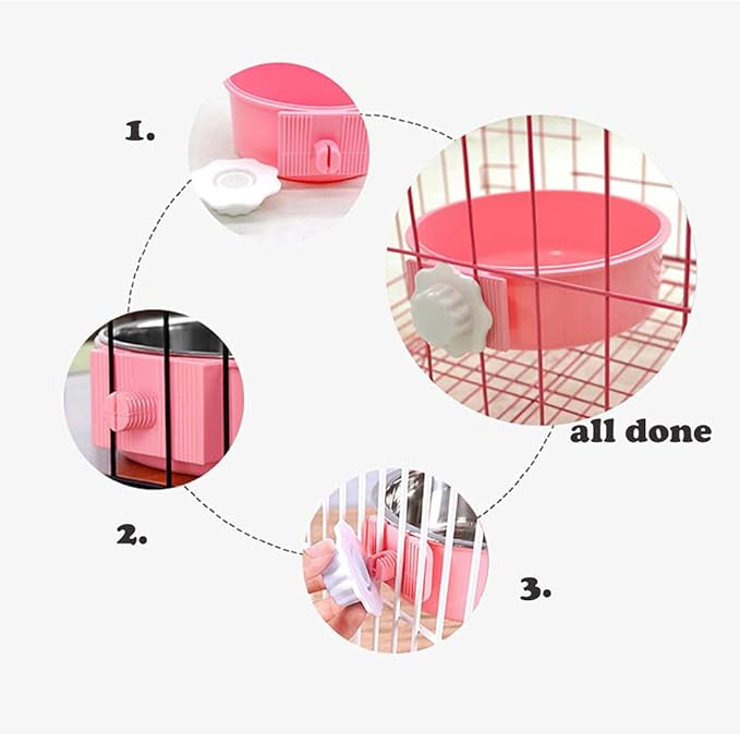 Love Dream Crate Dog Cat Bowls, Removable Stainless Steel Hanging Pet Cage Bowls for Kennel, Water Food Feeder Cage Coop Cup for Cats, Dogs, Rabbits and Small Animals (Small, Pink)