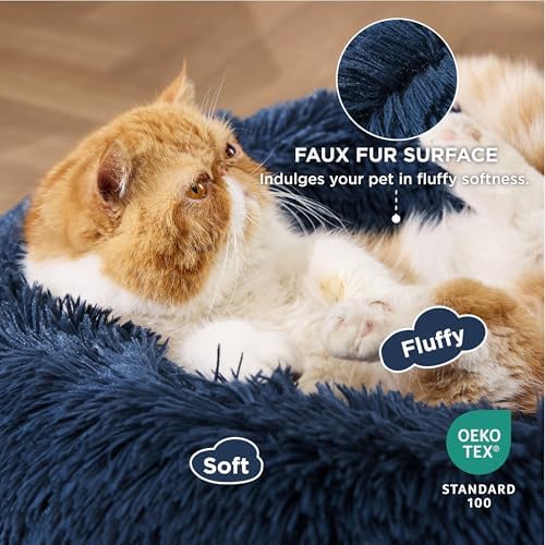 Bedsure Calming Cat Beds Donut Round Washable Kitten Bed,20 inches Navy - Image 2