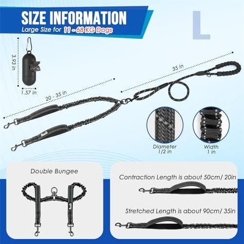 SlowTon Double Leash for Two Dogs, No Tangle & with Two Handles, Black L - Image 2