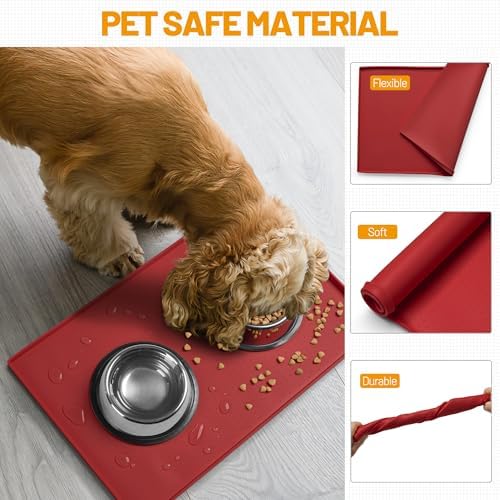 Hubulk Dog Feeding Mat,100% Waterproof Food Grade Silicone Pet Food and Water Bowl Placemat,Dishwasher, High Raised Edge to Prevent Spills,Nonslip Tray to Stop Messes on Floor（28"x18"x0.8", Red） - Image 5