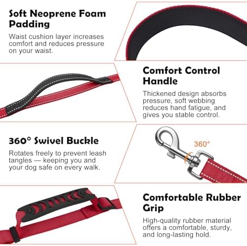 XiaZ Hands Free Dog Leash,Versatile Crossbody Dog Leash,5.9-7.9 FT Waist Belt with Double Handles for Small Medium and Large Dogs Walking, Running and Jogging, Red - Image 2