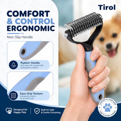 TIROL Dematting Comb for Dogs, Pet Grooming Rake, Double-Sided Dog Brush for Shedding, Undercoat Mat Dematting Tool for Long Haired Cats, Deshedding Brush for Cats, Blue - Image 4