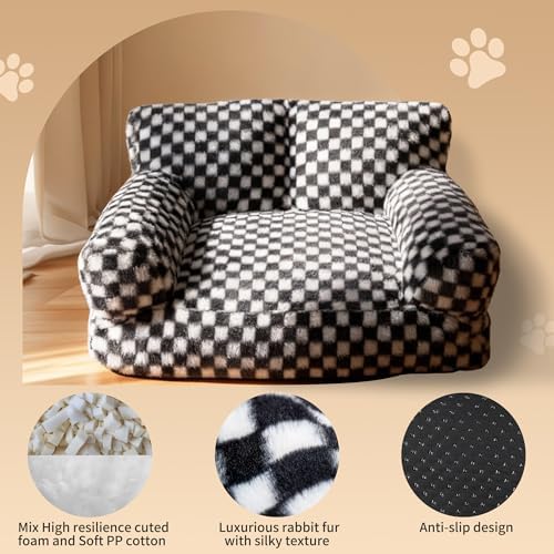 Faux Fur Cat & Dog Sofa Cat Couch Mini Cat Bed Indoor Human Style Pet Sofa, Modern Pet Furniture for Cats, Washable ＆ Removable Cover, for Cats and Small Medium Dogs (Black/White, Medium(24X19 inch)) - Image 2