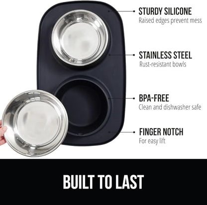 GORILLA GRIP Feeding Mat Bowl Set, 4 Cup 100% Waterproof BPA Free Silicone Base, 304 Stainless Steel Cat and Dog Bowls for Food and Water, Slip Resistant, High Edge, US Designed, Patent Pending, Black