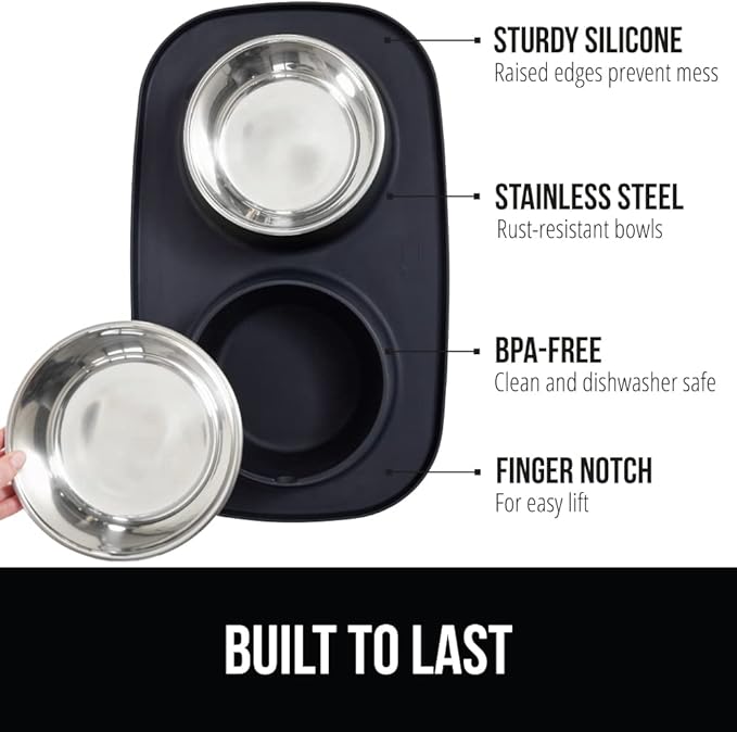 GORILLA GRIP Feeding Mat Bowl Set, 3 Cup 100% Waterproof BPA Free Silicone Base, 304 Stainless Steel Cat and Dog Bowls for Food and Water, Slip Resistant, High Edge, US Designed, Patent Pending, Black