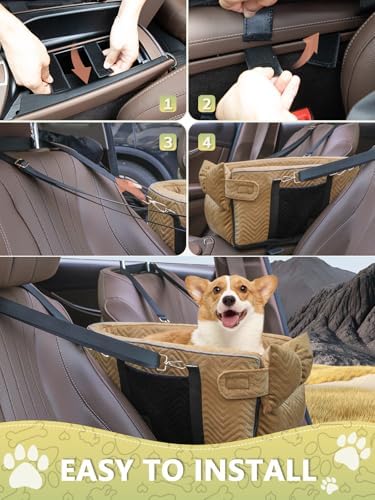 Prpeko Small Dog Car Seat, Portable Dog Seat with Soft Washable Cushion,Center Console Dog Car Seat for Small Dogs Up to 13lbs(Brown) - Image 4