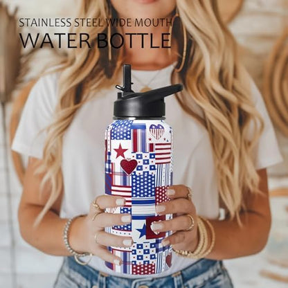 32oz American Flag Flip Stainless Insulated Aater Water Bottle with Straw,4th of July Gym Hiking Sports Coffee Mug Cup Water Bottles,Patriotic Military Gifts For Veterans, Police - Image 7