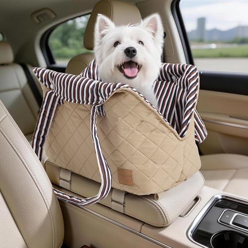 Small Dogs Under 12 lbs Adjustable Portable Center Console Car Seat, Built-in Bubble wrap, Fits Most Cars & SUVs with Convenient Handbag Functionality, Stylish Travel Pet Bag (Beige) by Unknown