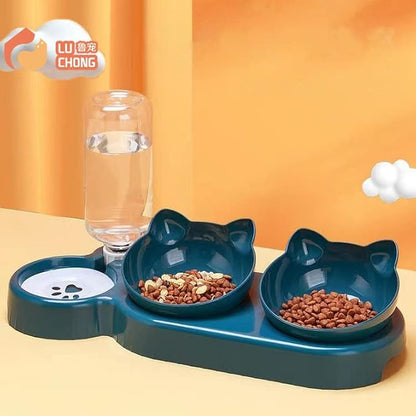 Triple Cat Bowls for Food and Water, Plastic Raised Cat Dishes, Automatic Water Bottle 3 in 1 Pet Bowls 2 Food Bowls and Water Feeder Set Wet Dry Food Bowl Set for Cats Puppy Small Dogs (Grey)