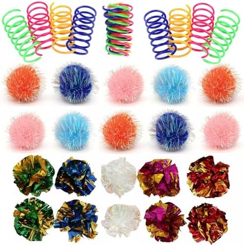 LASOCUHOO Cat Toys, 30 Packs Interactive Cat Toy Pack Including Cat Crinkle Balls, Cat Sparkle Balls, Spiral Springs for Kitten （Random Color） by LASOCUHOO