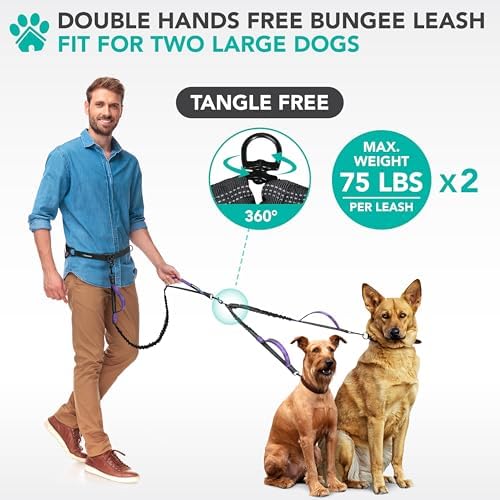 PetAmi Hands Free Double Dog Leash with Padded Lumbar Waist Belt, 360 No-Tangle Swivel Coupler, Bungee Shock Absorbing Dual Leash for Two Dogs Medium Large, Reflective, Purple - Image 2