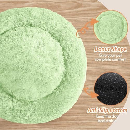 JOLLYVOGUE Calming Dog Bed for Small Dogs - 23 inches Donut Washable Small Dog Bed for Kittens & Puppies, Anti-Slip Round Fluffy Plush Faux Fur Cat Beds (Fits up to 25 lbs Pets, Light Green) - Image 3